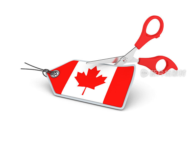 价格购物标签与加拿大国旗剪刀- 3D渲染